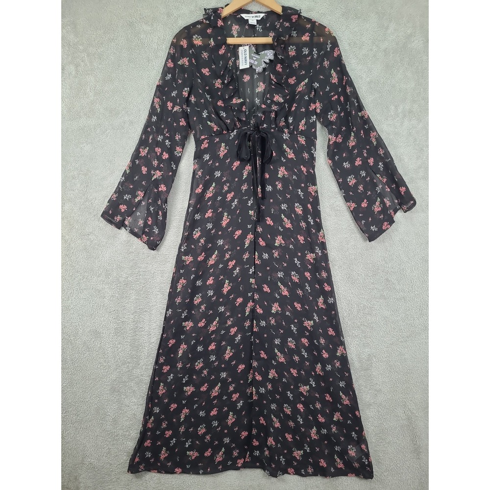 Old Navy x Anna Sui Floral Ruffle Maxi Robe Tie front Black Pink XS 884822-00-1